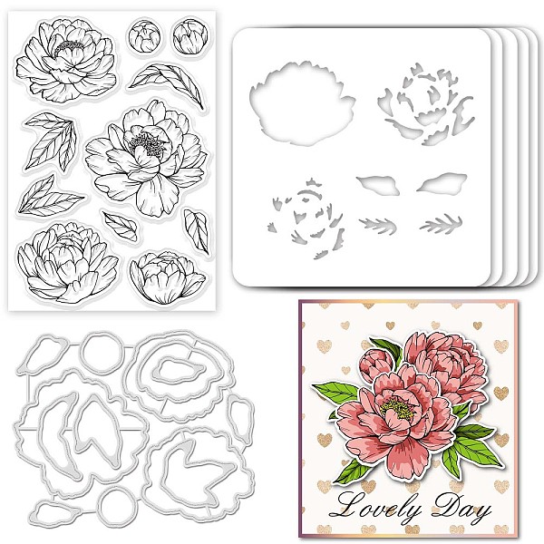 PandaHall GLOBLELAND 7Pcs Peony Flower Theme Silicone Clear Stamps Metal Cutting Die Cuts Pet Craft Stencils Template for Card Making and...