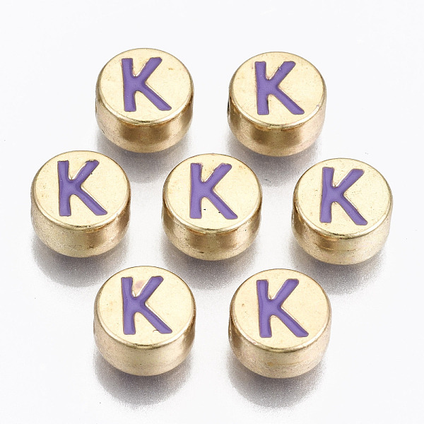 

PandaHall Alloy Enamel Beads, Cadmium Free & Lead Free, Flat Round with Initial Letters, Light Gold, Medium Purple, Letter.K, 8x4mm, Hole...