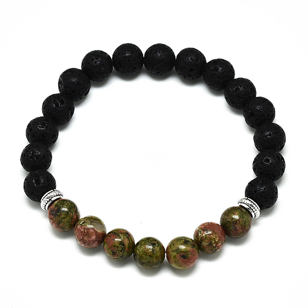 

PandaHall Natural Unakite Beads Stretch Bracelets, with Synthetic Lava Rock Beads and Alloy Beads, Round, Inner Diameter: 2-1/8 inch(5.5cm)...