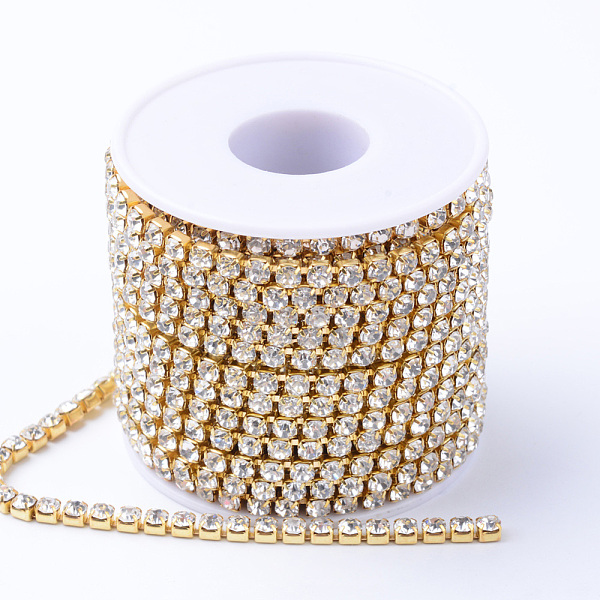 PandaHall Brass Rhinestone Strass Chains, Rhinestone Cup Chains, with Spool, Raw(Unplated), Crystal, 2.3~2.4mm, about 10yards/roll...