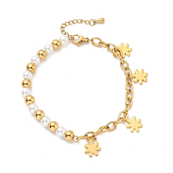 

PandaHall 201 Stainless Steel Snowflake Charm Bracelet, Plastic Pearl Beaded Bracelet with Vacuum Plating 304 Stainless Steel Cable Chains..., White
