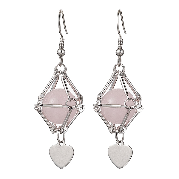 

PandaHall Natural Rose Quartz Dangle Earrings, Macrame Pouch Brass Long Drop Earrings, Heart, 54x16mm Rose Quartz Heart