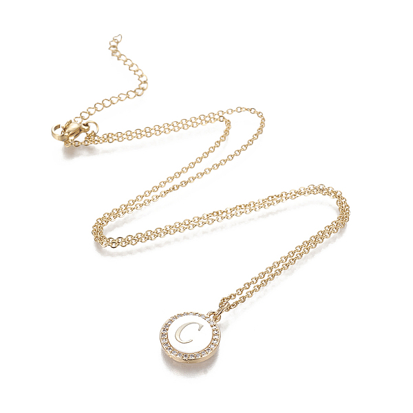 

PandaHall Brass Initial Pendant Necklaces, with Shell, Cubic Zirconia and 304 Stainless Steel Cable Chains, Flat Round with Letter, Letter.C..., Clear