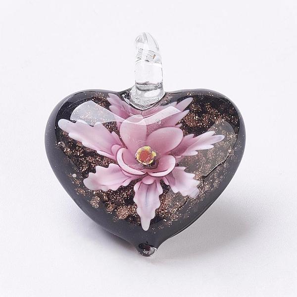 PandaHall Handmade Lampwork Pendants, Inner Flower, Heart, Pink, 38x33x16mm, Hole: 6x6mm Lampwork Heart Pink