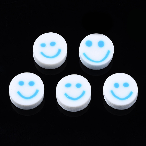 PandaHall Handmade Polymer Clay Beads, for DIY Jewelry Crafts Supplies, Flat Round with Smiling Face, Deep Sky Blue, 10x4~4.5mm, Hole: 1.8mm...