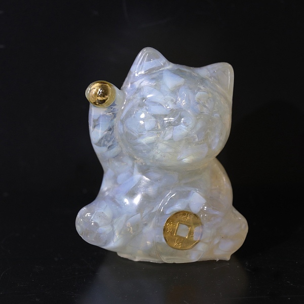 

PandaHall Resin Craft Display Decorations, with Opalite Chip, Lucky Cat Figurine, for Home Feng Shui Ornament, 63x55x45mm Opalite Cat Shape