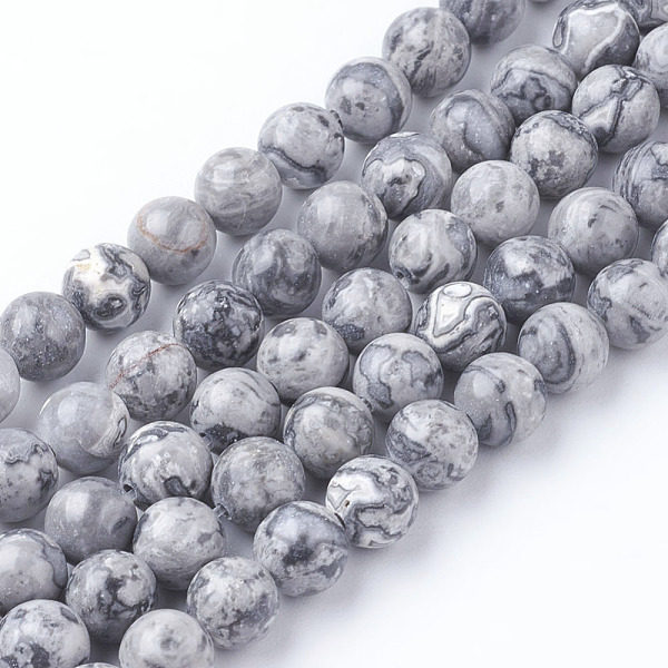

PandaHall Natural Map Stone/Picasso Stone/Picasso Jasper Beads Strands, Round, 6mm, Hole: 1mm, about 60~65pcs/strand, 15 inch Map Stone..., Gray