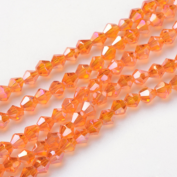 

PandaHall Glass Beads Strands, AB Color Plated, Faceted, Bicone, Dark Orange, 4x4mm, Hole: 1mm, about 98~100pcs/strand Glass Bicone Orange