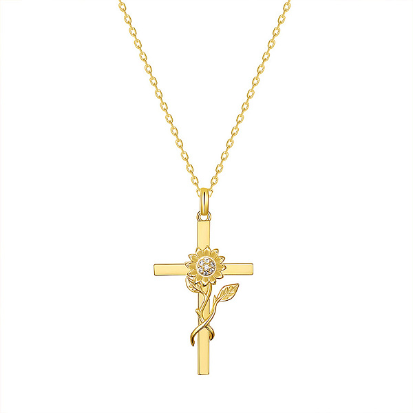 

PandaHall SHEGRACE Brass Pendant Necklaces, with Grade AAA Cubic Zirconia, Cross with Sunflower, Clear, Golden, 17.32inch(44cm) Brass Clear