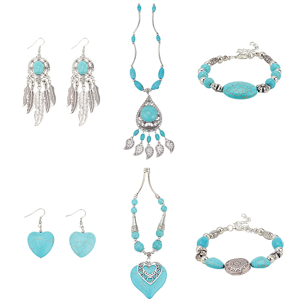 

PandaHall ANATTASOUL Natural & Synthetic Turquoise Heart Pendant Necklaces & Beaded Bracelets & Feather Chandellier Earrings, Alloy Jewelry...