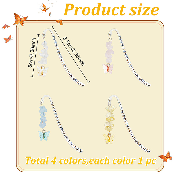 4Pcs 4 Style Butterfly Resin Charm Bookmarks With Natural Gemstone & Lampwork Beads