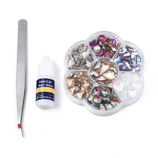 

PandaHall Nail Art Sets, with K9 Glass Cabochons, with Nail Glue and Tweezers, Mixed Shapes, Mixed Color, 83x83x15mm Glass Mixed Shapes..., Multicolor