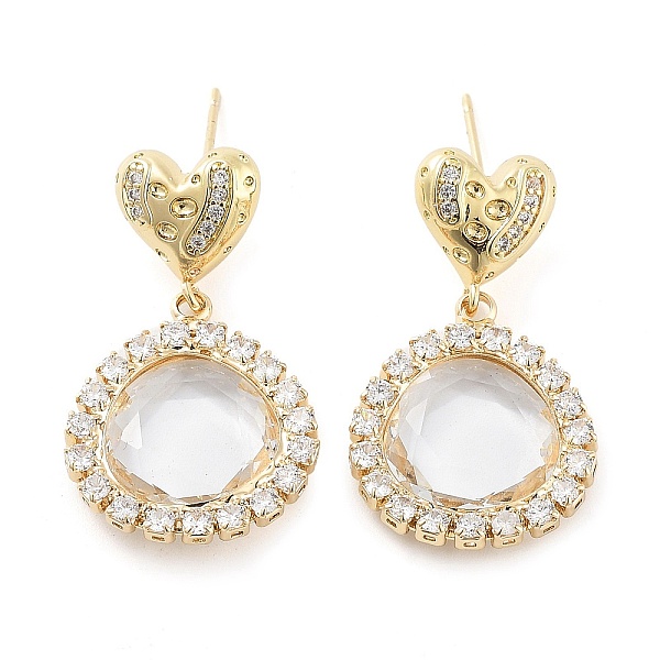 

PandaHall Brass with Glass Dangle Stud Earrings, Heart with Flat Round, Light Gold, 31x17.5~18mm Glass Heart Clear