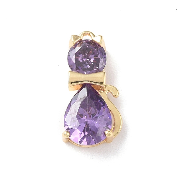 

PandaHall Brass Pendants, with Glass, Cat Charm, Real 18K Gold Plated, Lilac, 16x7.5x4mm, Hole: 1mm Brass+Glass Cat Shape Purple