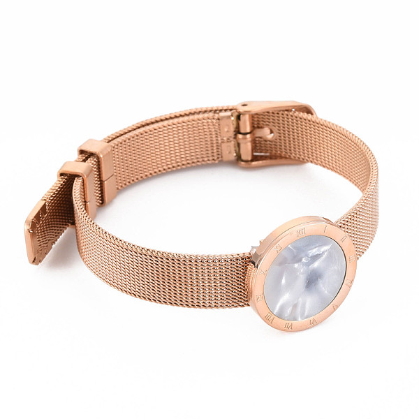 

PandaHall Acrylic Flat Round with Roman Numeral Link Bangle with Belt Buckle, 304 Stainless Steel Mesh Chain Wristband for Women, Rose Gold...