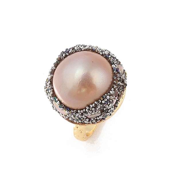 

PandaHall Round Natural Abalone Shell & Freshwater Pearls Finger Ring, Brass Rhinestone Finger Ring for Women, Real 14K Gold Plated, 18.5mm...