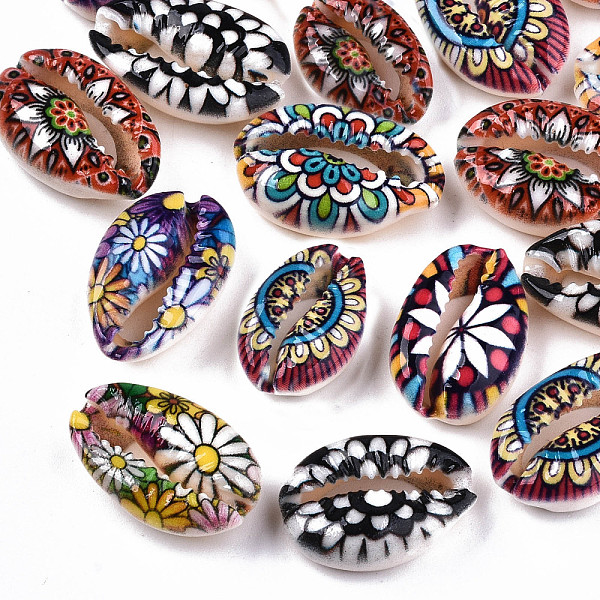 

PandaHall Printed Natural Cowrie Shell Beads, No Hole/Undrilled, with Flower Pattern, Colorful, 18~22x13~14x6~8mm Cowrie Shell Shell Shape