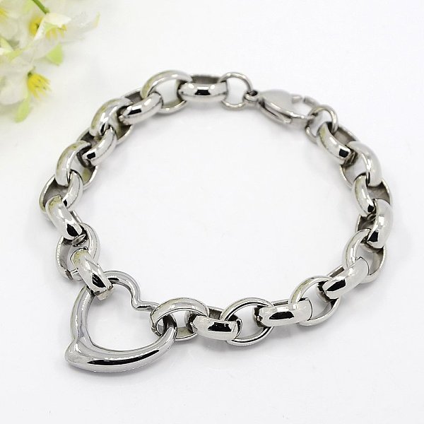 

PandaHall Fashionable 304 Stainless Steel Heart Link Bracelets, Rolo Chain Bracelet with Lobster Claw Clasps, Stainless Steel Color, 8-1/4...