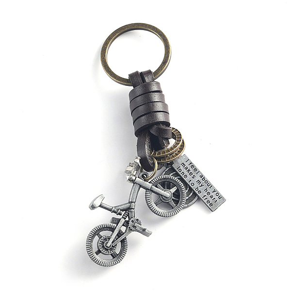

PandaHall Punk Style Woven Cow Leather Alloy Pendant Keychain, for Car Key Pendant, Antique Silver, Bicycle Pattern, 11cm Leather Bicycle