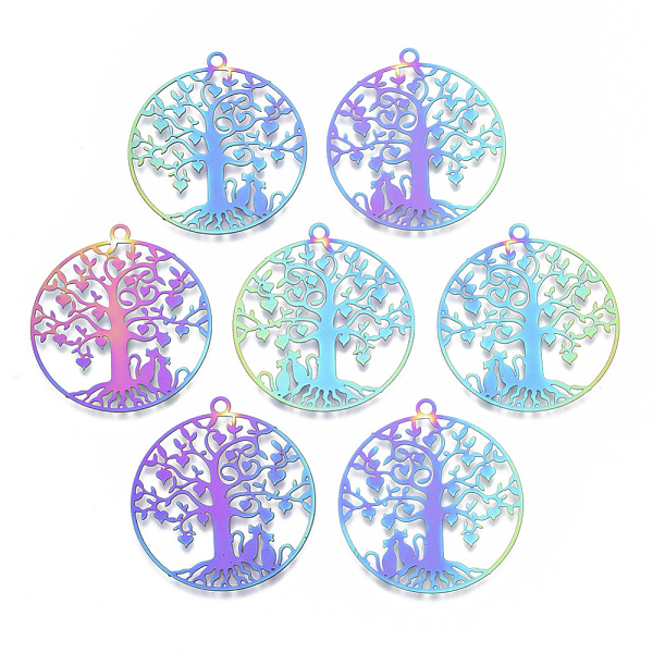 

PandaHall Ion Plating(IP) 201 Stainless Steel Filigree Pendants, Etched Metal Embellishments, Flat Round with Heart Tree & Lover Cat, for...
