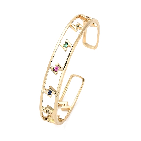 

PandaHall Brass Hollow Lightning Bolt Open Cuff Bangles with Colorful Glass for Women, Real 18K Gold Plated, 3/8 inch(0.95cm), Inner...