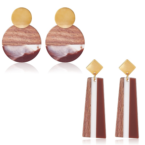 

PandaHall 2 Pairs 2 Style Trapezoid & Flat Round Shape Resin & Walnut Wood Dangle Stud Earrings, 304 Stainless Steel Long Drop Earrings for..., Brown