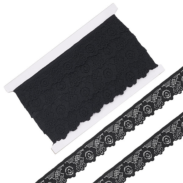 

PandaHall 15 Yards Flat Nylon Elastic Lace Trim, Stretchy Flower Lace Ribbon For Sewing Decoration, Black, 1-1/4 inch(32~33mm) Nylon Black