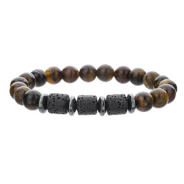 Round Natural Tiger Eye & Colunm Lava Rock & Synthetic Non-magnetic Hematite Stretch Beaded Bracelet For Women Men