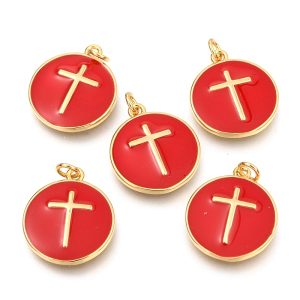 

PandaHall Brass Enamel Pendants, Long-Lasting Plated, Real 18K Gold Plated, with Jump Rings, Flat Round with cross, Red, 17.5x15x2mm, Hole...