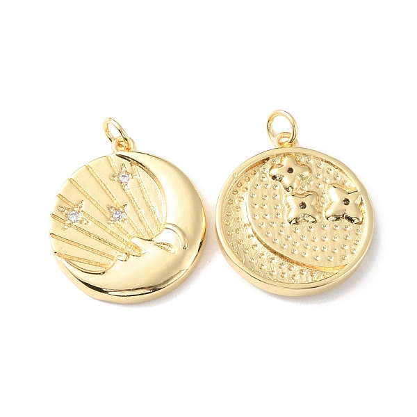 

PandaHall Rack Plating Brass Micro Pave Cubic Zirconia Pendants, Long-Lasting Plated, Cadmium Free & Lead Free, Flat Round with Moon, Real..., Clear
