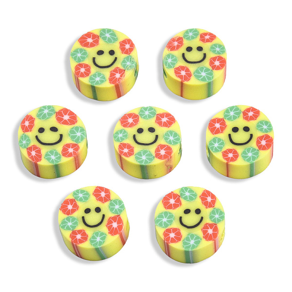 PandaHall Handmade Polymer Clay Beads, Flat Round with Smiling Face & Flower, Yellow, 8.5~10x4.5mm, Hole: 1.5mm Polymer Clay Flat Round...