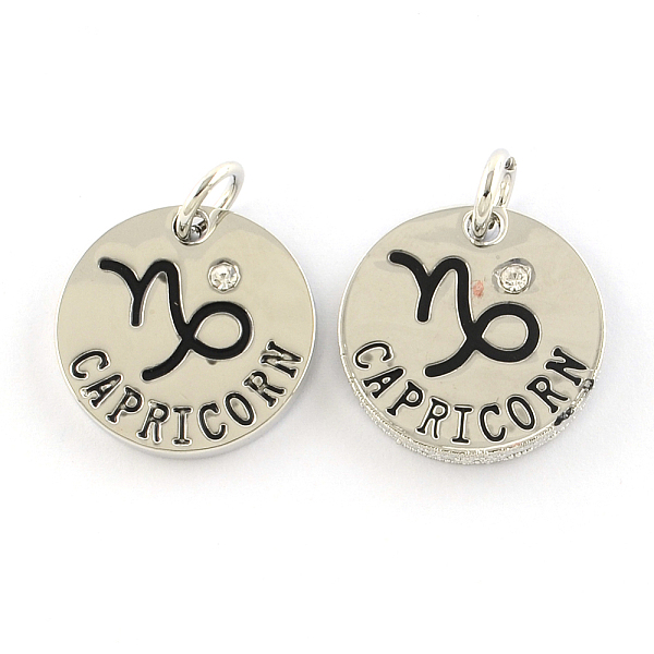 

PandaHall Alloy Pendants, with Rhinestone, Flat Round, with Constellation/Zodiac Sign, Platinum, Capricorn, 22x2.5mm, Hole: 5.5mm..., Clear