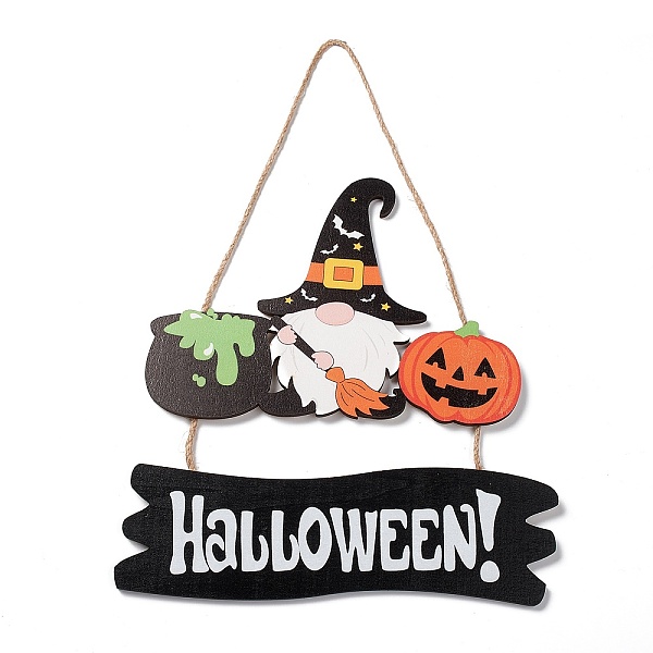 PandaHall Halloween Wooden Door Wall Hanging Decorations, with Jute Rope, Gnome, 333x235x5mm, Pendant: 150x211x5mm Wood Gnome