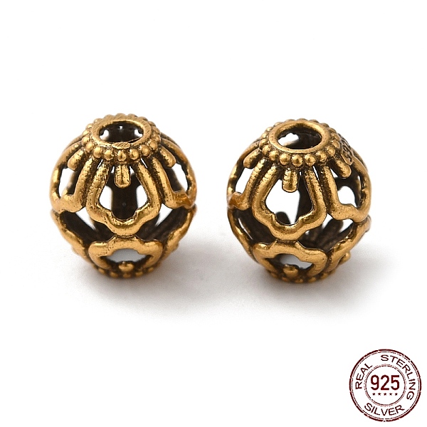 

PandaHall 925 Sterling Silver Beads, Hollow Round, with S925 Stamp, Antique Golden, 8x7.5mm, Hole: 2mm Sterling Silver Round