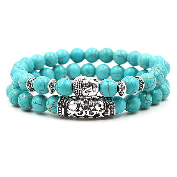 

PandaHall 2Pcs Synthetic Turquoise Stretch Bracelet Sets for Women Men, with Tibetan Style Alloy Beads, 2pcs/set Synthetic Turquoise Others