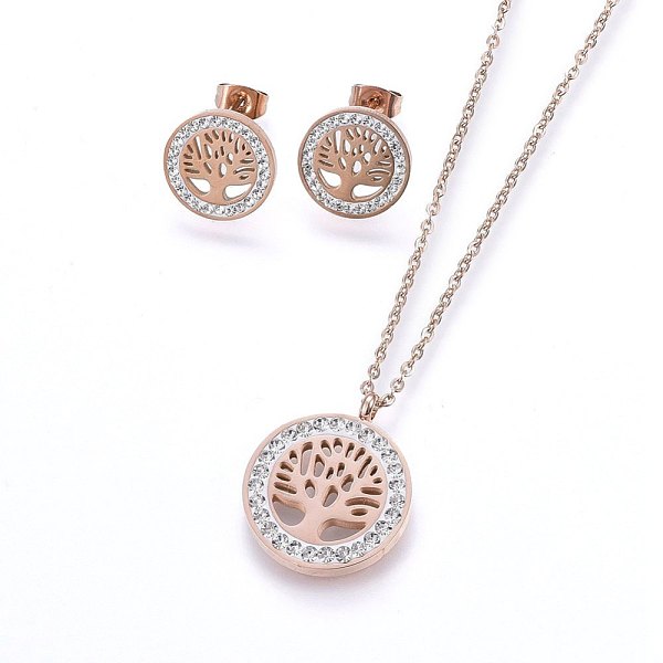 

PandaHall 304 Stainless Steel Jewelry Sets, Pendant Necklaces and Stud Earrings, with Polymer Clay Rhinestone, Flat Round with Tree of Life...