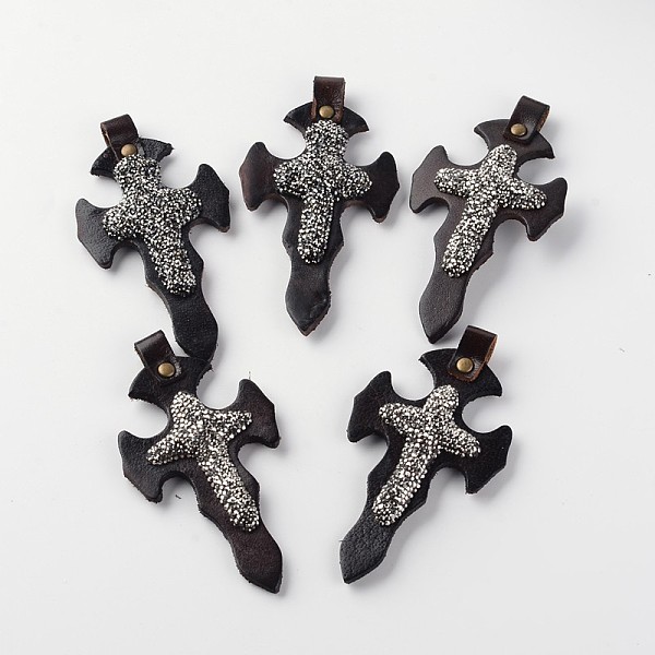 

PandaHall Cross Polymer Clay Rhinestone Big Pendants, with Cowhide and Antique Golden Tone Brass Findings, Coconut Brown, 89~91x48~50x9~11mm...