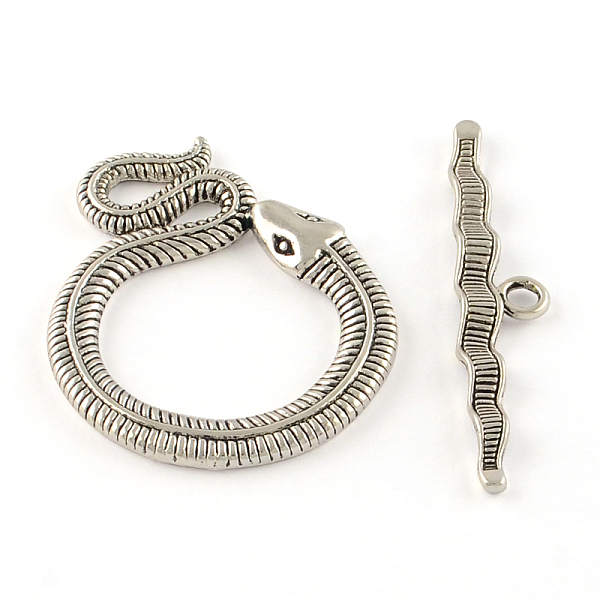 PandaHall Tibetan Style Snake Toggle Clasps, Cadmium Free & Nickel Free & Lead Free, Antique Silver, Snake: 46x36x3mm, Hole: 4mm, Bar...