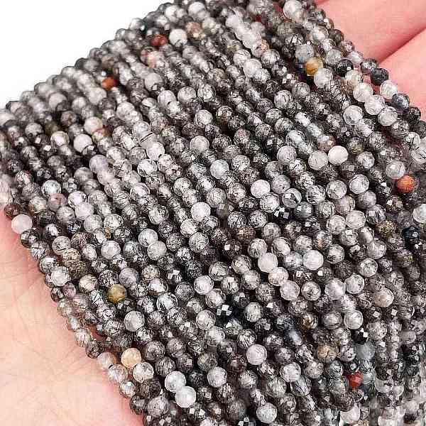 

PandaHall Natural Black Rutilated Quartz Beads Strands, Faceted, Round, 2.5~3x2~2.5mm, Hole: 0.7mm, about 154pcs/strand, 14.57~14.69''...