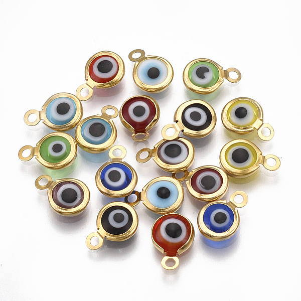 

PandaHall Handmade Lampwork Charms, with 304 Stainless Steel Findings, Flat Round with Evil Eye, Golden, 9.5x6.5x2.5mm, Hole: 1.5mm Lampwork..., Multicolor