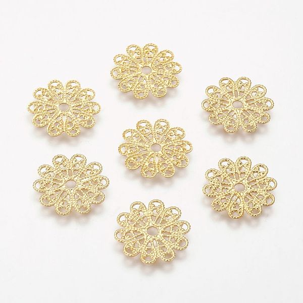 

PandaHall Brass Vintage Filigree Findings, Lead Free and Cadmium Free, Flower, Golden Color, Size: about 17mm in diameter, 0.5mm thick, hole...