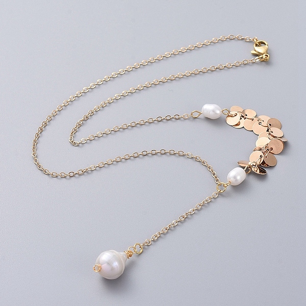 

PandaHall (Jewelry Parties Factory Sale)Single Pearl Pendant Necklaces, with Brass Cable Chain and Flat Round Handmade Brass Chains, Natural...
