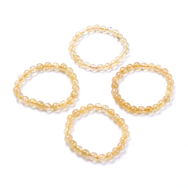 PandaHall Natural Citrine Round Beads Stretch Bracelet, Stone Gift for Her, Beads: 7.5~8mm, Inner Diameter: 2 inch(5.2cm) Citrine