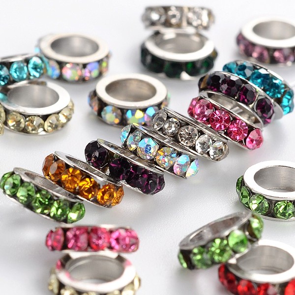 

PandaHall Brass Rhinestone Spacer Beads, Grade A, Platinum Metal Color, Mixed Color, 8x2.5mm, Hole: 5mm Brass+Rhinestone Flat Round..., Multicolor