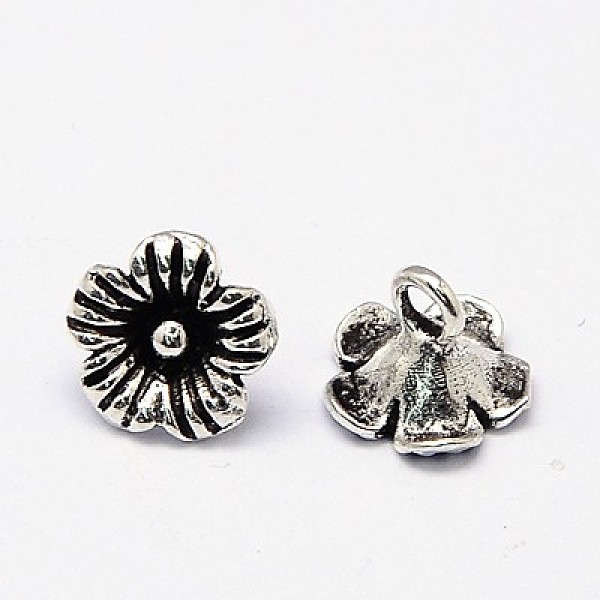 PandaHall Brass Flower Charms, for Jewelry Making, Antique Silver, 8x7mm, Hole: 1mm Brass Flower
