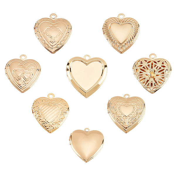 

PandaHall 8Pcs 8 Style Iron Locket Pendants, Photo Frame Charms for Necklaces, Heart, Golden, 22.5~24.5x19.5~22x5.5~6mm, Hole: 1.8mm...
