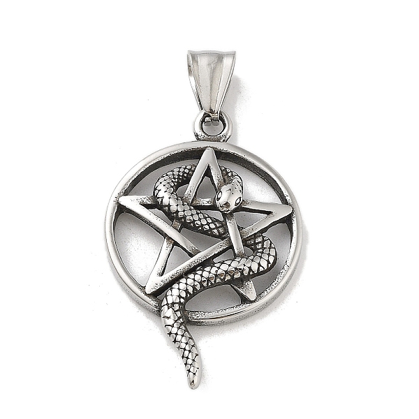 

PandaHall 304 Stainless Steel Pendants, Antique Silver, Flat Round with Snake Charm, Star, 40.5x26x4mm, Hole: 8x5mm 304 Stainless Steel Star