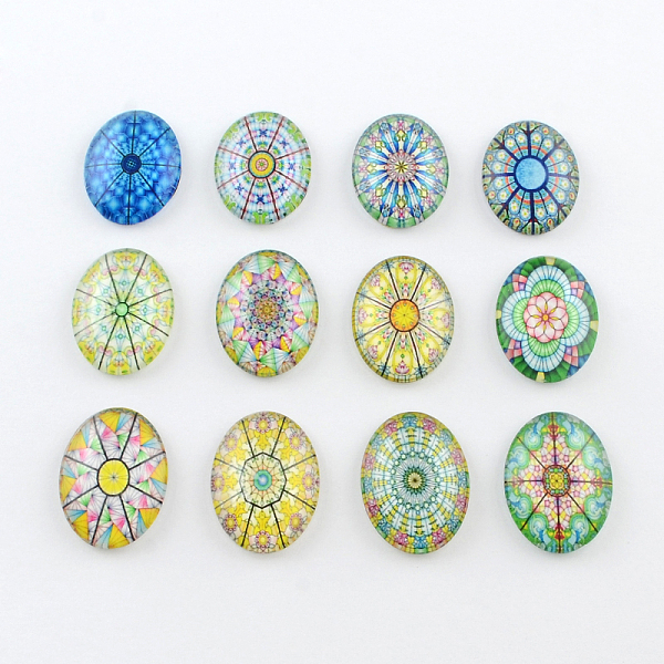 

PandaHall Kaleidoscope Flower Pattern Glass Oval Flatback Cabochons for DIY Projects, Mixed Color, 18x13x4mm Glass Oval Multicolor