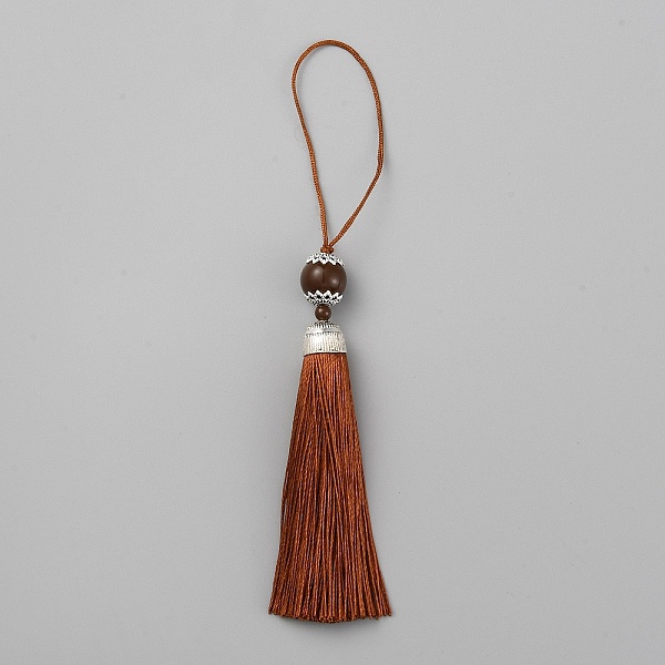 

PandaHall Polyester Tassel Big Pendants Decorations, with Acrylic Beaded and Platinum Alloy Findings, Sienna, 188mm Polyester Brown