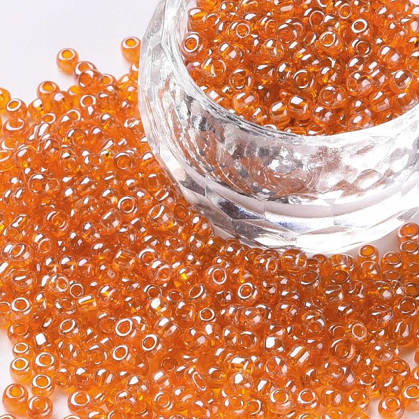 

PandaHall Glass Seed Beads, Trans. Colours Lustered, Round, Orange, 3mm, Hole: 1mm, about 1111pcs/50g, 50g/bag, 18bags/2pounds Glass Orange